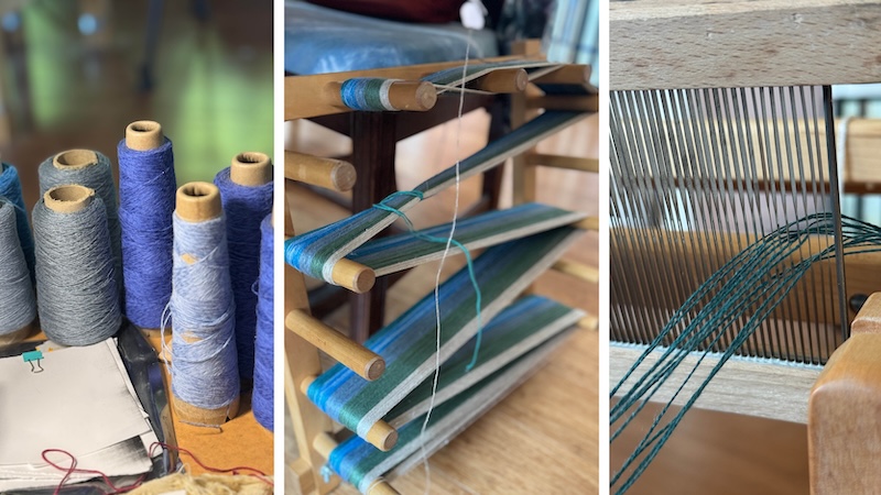 three photos: one showing linen in shades of blue, the second showing them wound on a warping board, the warp being thread in a superfine reed.